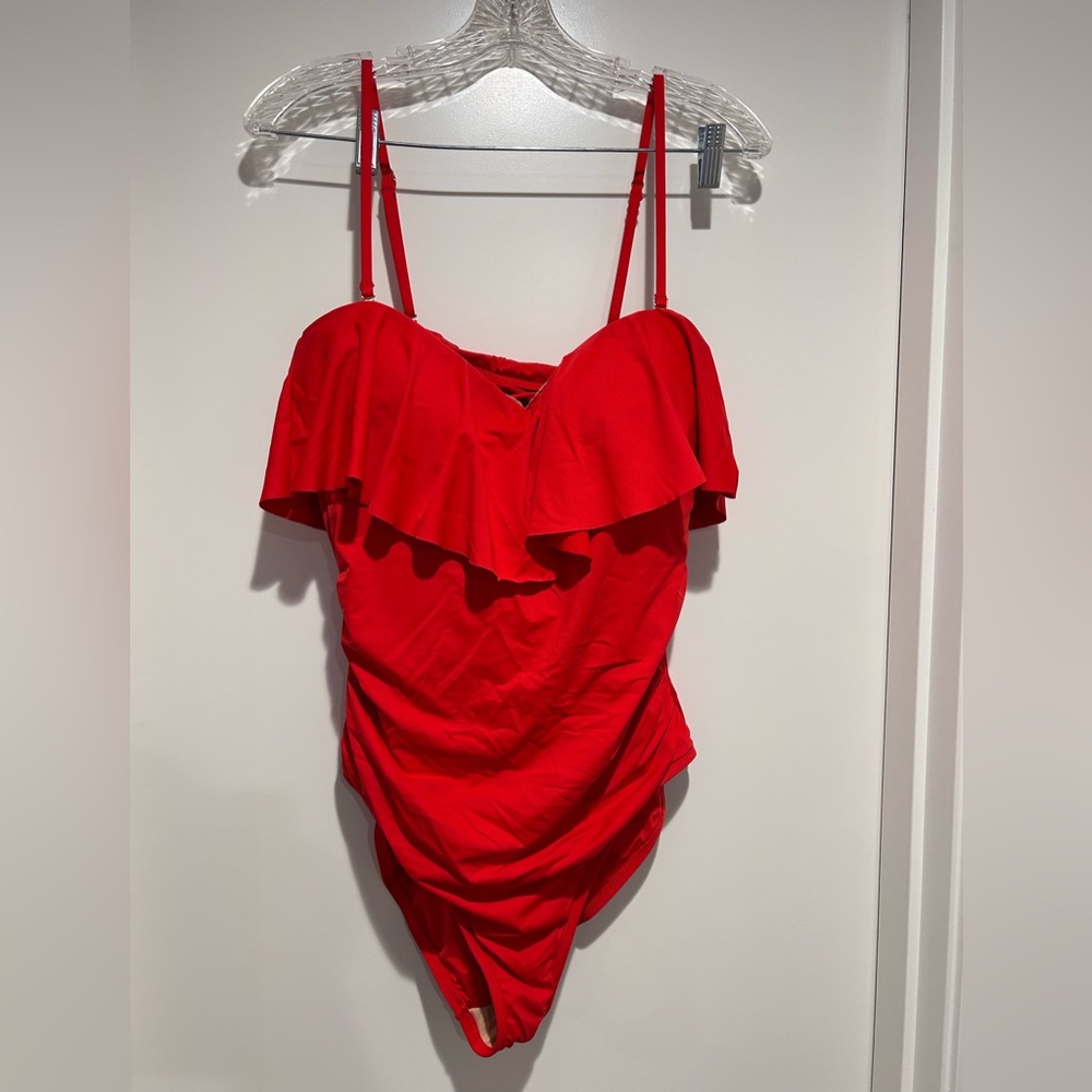 La Blanca ruffle bandeau one piece swimsuit size 14 cherry